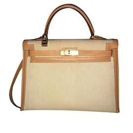 Hermès Kelly 35 Tela Sabbia e Pelle Cognac