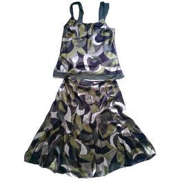 Conjunto de Top y Falda de Seda Estampada Pennyblack Marrón Beige Verde