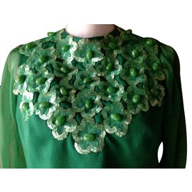 Autre Marque Top in Jersey Verde Ricamato con Paillettes e Perle a Fiori