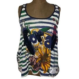 Top de Tirantes Desigual Blanco y Azul Marino de Algodón con Bordados