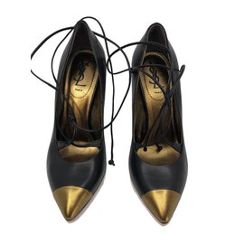 Escarpins Yves Saint Laurent en cuir noir et bout doré 10,5 cm