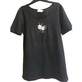Top Christian Dior noir en coton avec broderie et logo