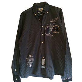 Camicia La Martina Rigata Ricamata Nera Grigia - Autre Marque