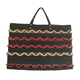 Stroh Tasche Schwarz Rot Beige mit schwarzen Lederriemen - Autre Marque
