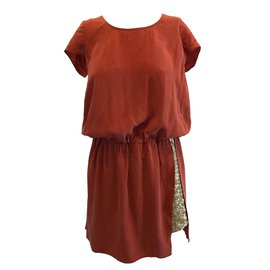 Les Petites Seidenkleid in Ziegelrot mit goldenen Pailletten
