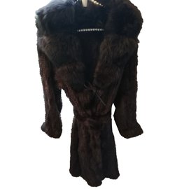 Autre Marque Braided Long Coat with Fox Collar Brown