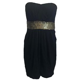 Vestido sem alças Robert Rodriguez em seda preta com lantejoulas