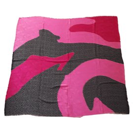 Carré en soie Yves Saint Laurent Noir Rose Rouge Fuchsia