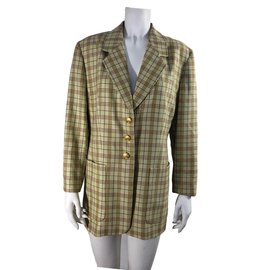 Chaqueta Blazer Louis Féraud a Cuadros Marrón y Verde Claro Seda Lana