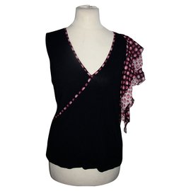 Top asimmetrico Escada con volant in seta nero rosa bianco