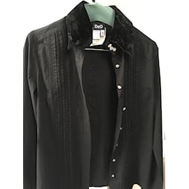 Dolce & Gabbana Camisa de algodón con botones de strass y cuello de terciopelo Negro