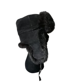 Cappello in pelle di cervo nero con pelliccia di coniglio - Autre Marque