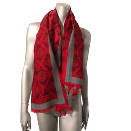 Cartier Must de Cartier Schal Panther Muster Rot Grau Wolle Seide