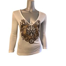 Just Cavalli Tsmall Langarmshirt weiß mit Goldmuster Baumwolle