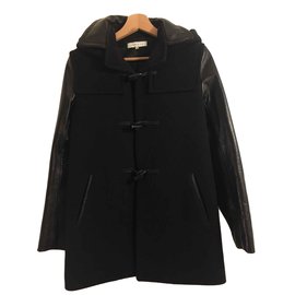 Sandro Dufflecoat aus blauer Wolle mit schwarzen Lederärmeln
