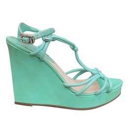Sandali con zeppa Céline turchesi in pelle verniciata