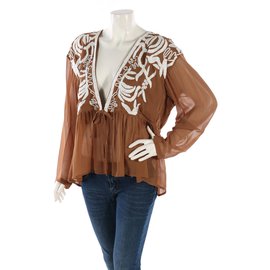 Autre Marque Cardigan Karen BY Simonsen Top Marrón Blanco Viscosa L
