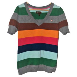 Paul Franck Baumwollpullover V-Ausschnitt kurze Ärmel rosa blau grau - Autre Marque