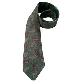 Cravate Hermès en soie slim fleurs vert et gris