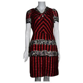 Anna Sui Seidenkleid mit Streifen und Blumen Schwarz Rot