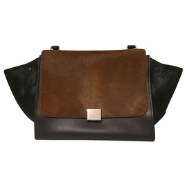Borsa Céline Trapeze in pelle nera e pelliccia marrone