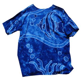 inconnue Strandtunika aus blauer Baumwolle mit Fischdekor