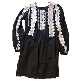 Isabel Marant Schwarzes Leinenkleid mit Spitze Größe 36