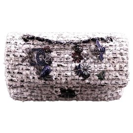 Borsa Chanel Classic 2.55 collettore di tweed bucolico in metallo bianco e nero argento
