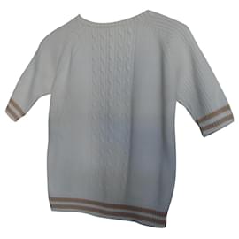 inconnue Weißer Baumwoll Sommerpullover mit kurzen Ärmeln und beige Streifen