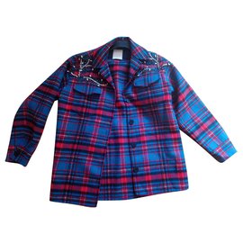 Abrigo Sandro de lana azul y rojo con estampado tartán