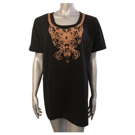 Marina Rinaldi T-Shirt aus Baumwolle Schwarz mit braunen Perlen