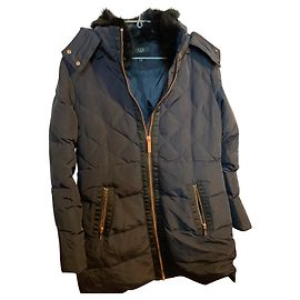 Autre Marque Black Long Down Jacket with Rabbit Collar