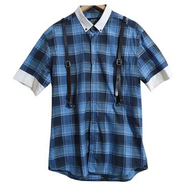 Autre Marque Takeshy Kurosawa Tartan Karohemd Blau Baumwolle Leder