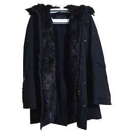 Ermanno Scervino Jacke Schwarz Baumwolle Wolle Pelz Größe 48