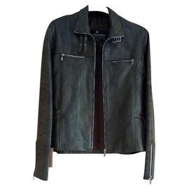 Autre Marque Chaqueta de cuero genuino en verde y negro