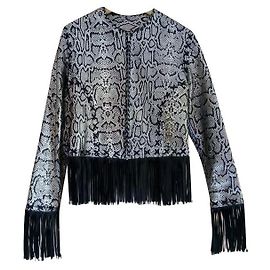 Autre Marque FOX LEATHER BRAND Fringed Snake Leather Spencer Jacket Black Silver
