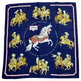 Sciarpa di seta Hermès Carroussel blu navy 90x90 cm