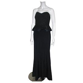 Marchesa Notte Abendkleid aus Seide und schwarzer Spitze dunkelblau