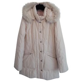 Autre Marque Abrigo Acolchado Beige con Capucha de Piel Real