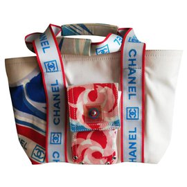 Borsa a mano Chanel in cotone bianco rosso blu