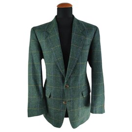 Yves Saint Laurent Karo Blazer Wolle Blau Grün