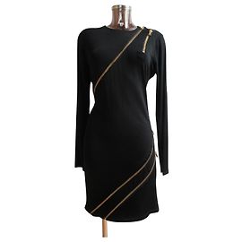Pierre Balmain Schwarzes Viscose Kleid mit goldenen Reißverschlüssen