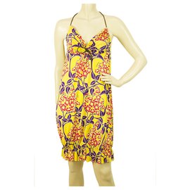 Dsquared2 DSquared Floral Open Back V vorderes Neckholderoberteil gelb, lila und rotes Minikleid sz S.