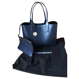 Emporio Armani Navy Blue Large Tote Bag Coated Canvas
