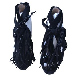 Sandali con tacco Chloé in camoscio nero con frange