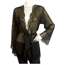 Autre Marque Cotton Club Black Lace Intimate Lingerie Kimono Robe Cardigan Top sz L