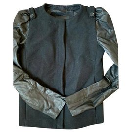 Giacca Maje nera in lana cashmere e pelle di agnello taglia 36