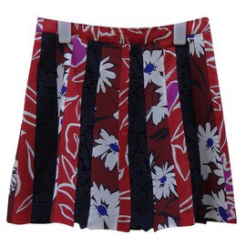 Falda Nina Ricci de seda roja multicolor y algodón azul marino Talla 38