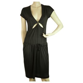 Tomas Maier Schwarze Seide V Ausschnitt w. Schlitze Flügelärmel Knie Jersey Kleid Größe 36