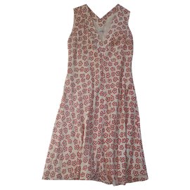 Cacharel Baumwollkleid ärmellos V Ausschnitt beige rot schwarz